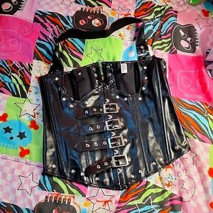 🔥Under Bust Corset Black Faux Leather Halter Top Style w Buckles + Straps New